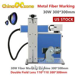 30W Fiber Laser Metal Marking Machine Engraver Two Field lens WithRotary Axis US