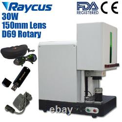 30W Raycus Enclosed Fiber Laser Engraver Laser Marking Machine with D69 Rotary